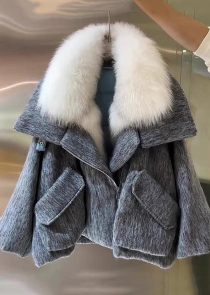 Grey Fur Collar Pockets Cotton Filled Coat Winter