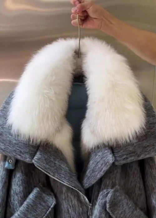 Grey Fur Collar Pockets Cotton Filled Coat Winter
