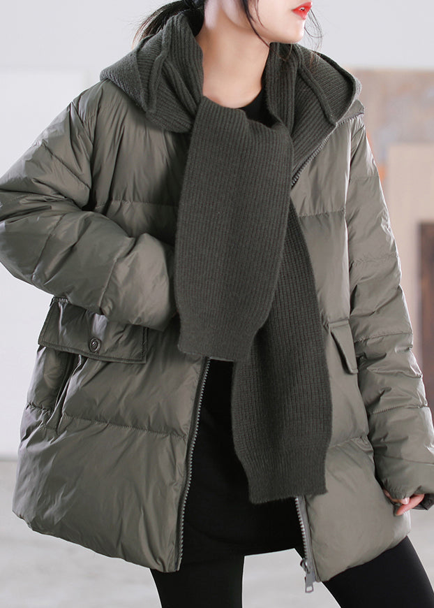 Grey Green Zippered Patchwork Removable Hooded Duck Down Down Coats Winter