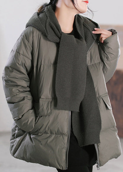 Grey Green Zippered Patchwork Removable Hooded Duck Down Down Coats Winter