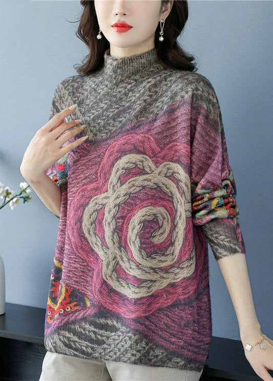 Grey High Neck Print Wool Knit Short Sweater Winter