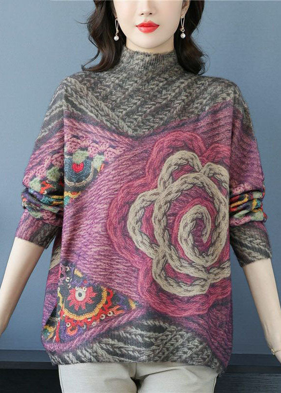 Grey High Neck Print Wool Knit Short Sweater Winter