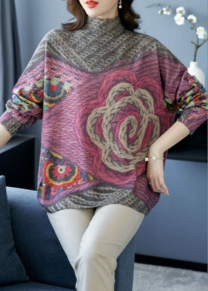 Grey High Neck Print Wool Knit Short Sweater Winter