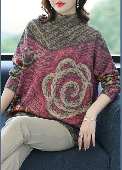Grey High Neck Print Wool Knit Short Sweater Winter