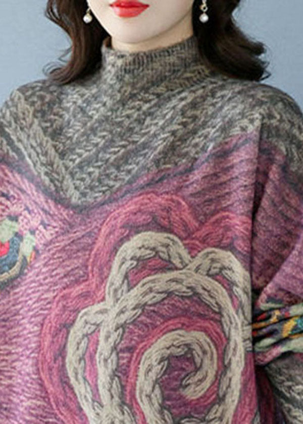 Grey High Neck Print Wool Knit Short Sweater Winter