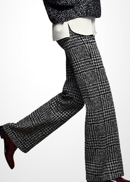 Grey High Waist Plaid Thick Woolen Straight Pants Winter