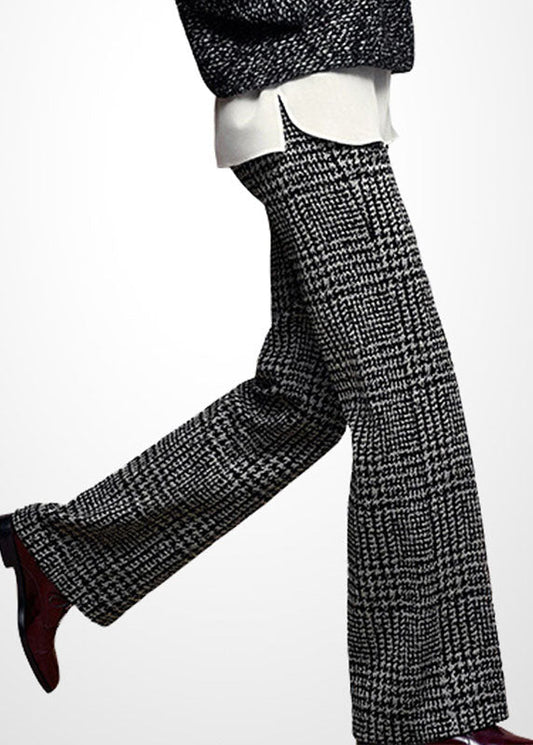 Grey High Waist Plaid Thick Woolen Straight Pants Winter