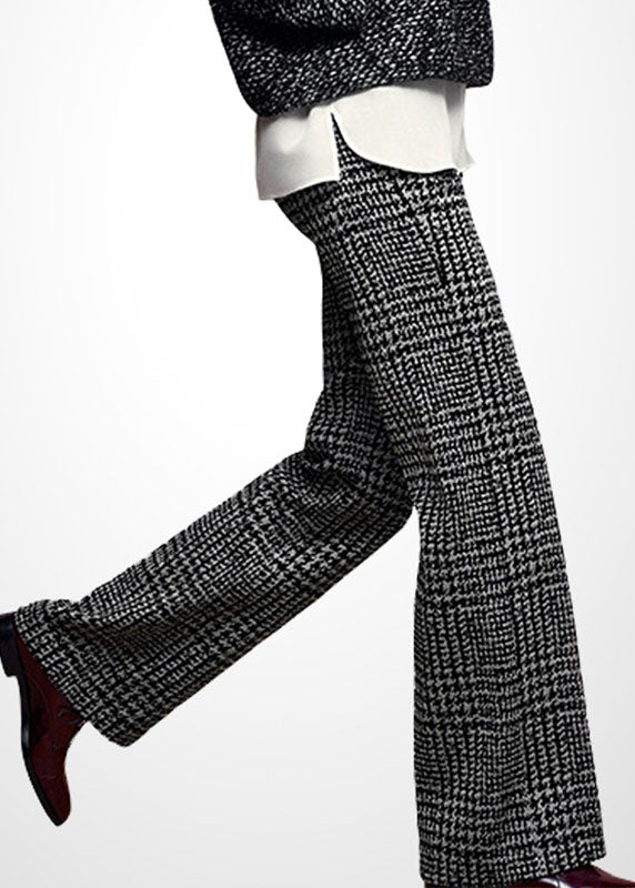 Grey High Waist Plaid Thick Woolen Straight Pants Winter