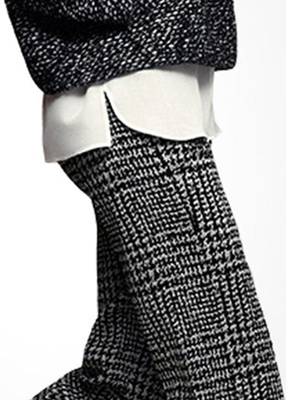 Grey High Waist Plaid Thick Woolen Straight Pants Winter