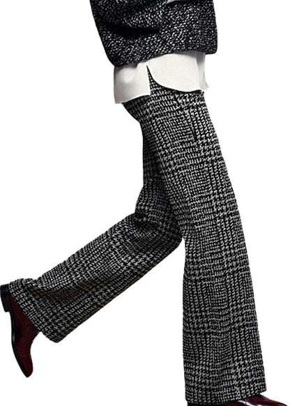 Grey High Waist Plaid Thick Woolen Straight Pants Winter
