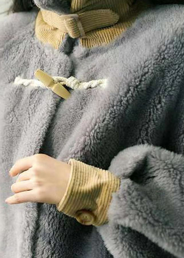 Grey Hign Neck Pockets Patchwork Wool Coats Winter
