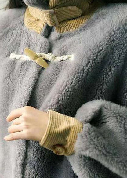 Grey Hign Neck Pockets Patchwork Wool Coats Winter