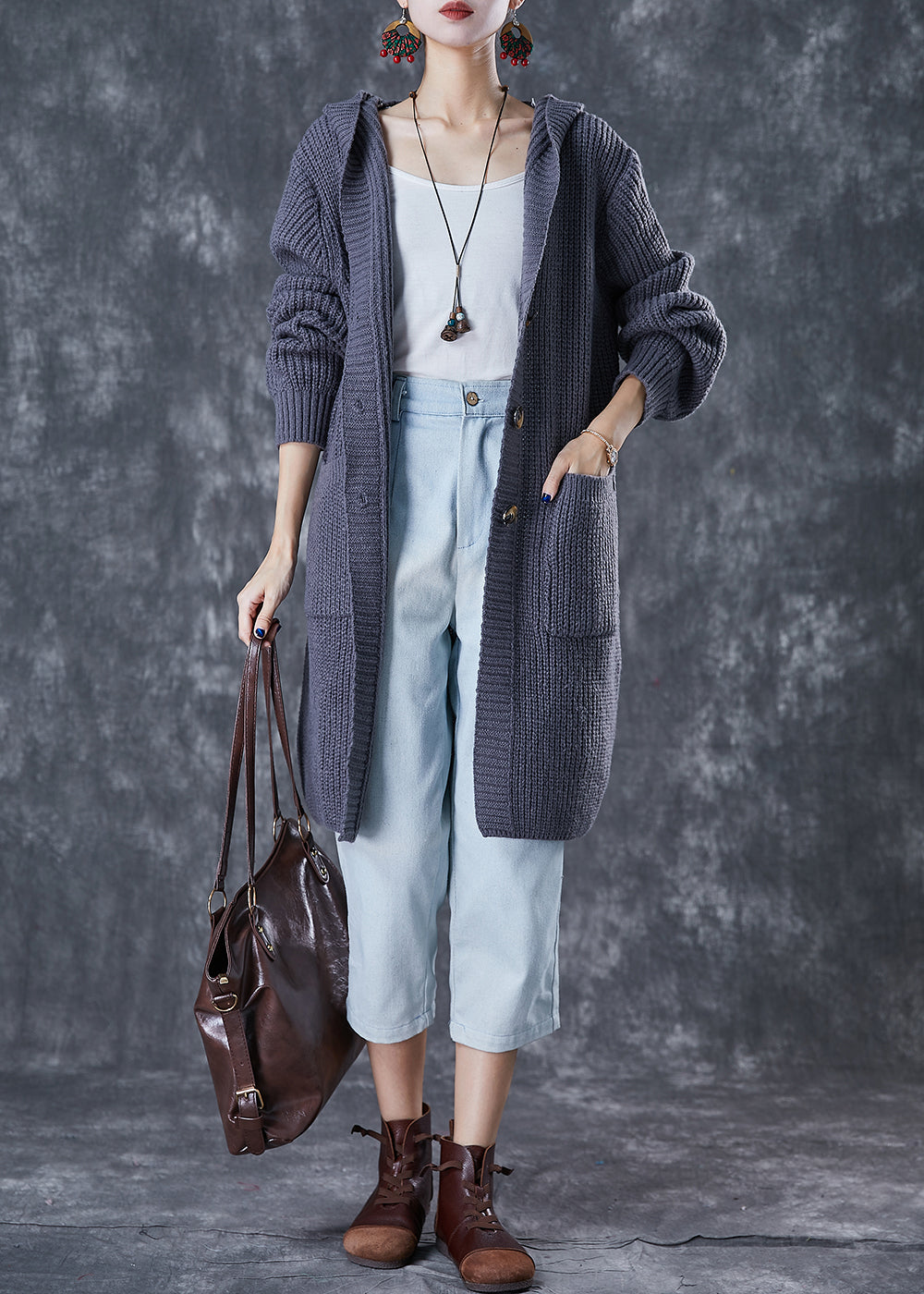 Grey Hooded Oversized Knit Cardigan Fall
