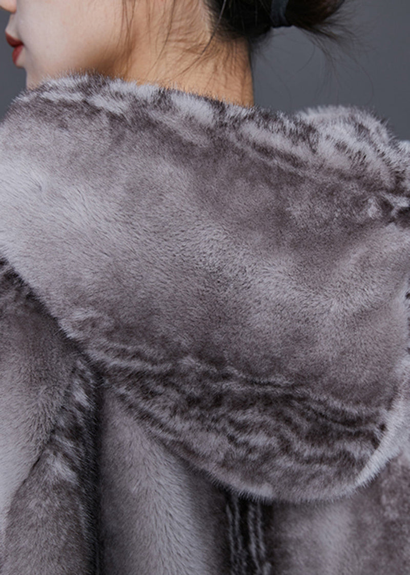 Grey Hooded Pockets Mink Velvet Coats Winter