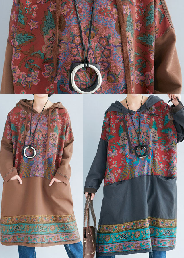 Grey Hooded Print Sweatshirts Dresses Spring