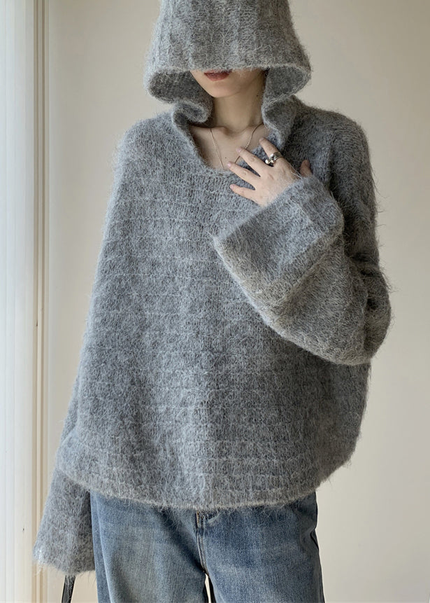 Grey Hooded Cotton Knit Sweaters Spring