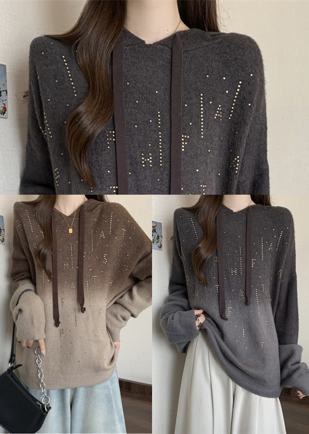 Grey Hooded Tie Dye Knit Pullover Sweatshirt Fall