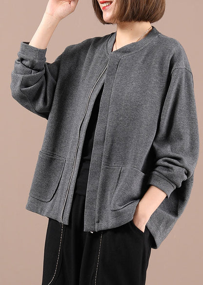 Grey Knit Zippered Patchwork Fall Long Sleeve Jackets