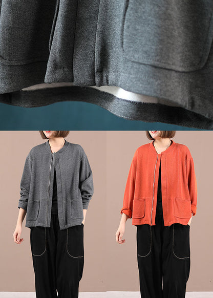 Grey Knit Zippered Patchwork Fall Long Sleeve Jackets