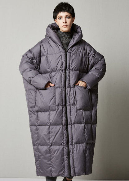 Grey Loose Hooded Long Winter Duck Down Coat