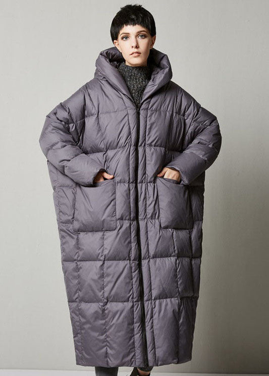 Grey Loose Hooded Long Winter Duck Down Coat
