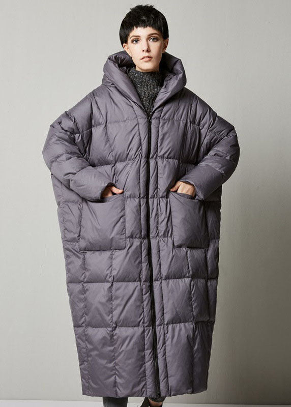 Grey Loose Hooded Long Winter Duck Down Coat