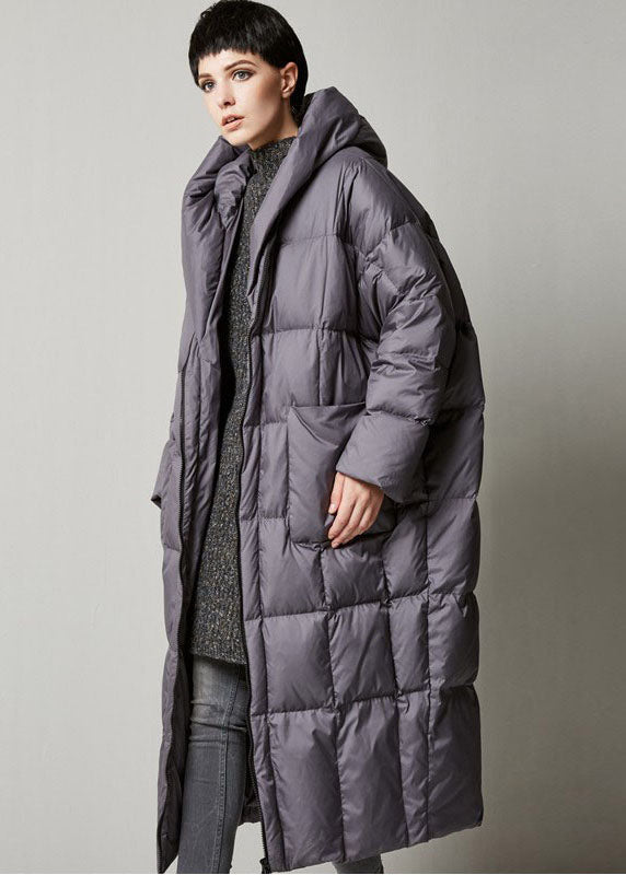 Grey Loose Hooded Long Winter Duck Down Coat