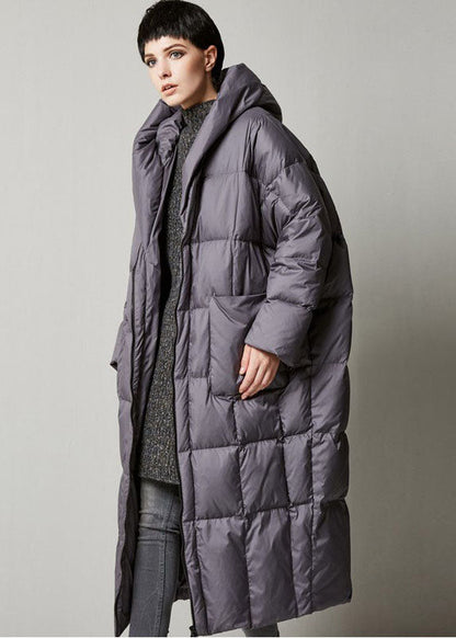 Grey Loose Hooded Long Winter Duck Down Coat