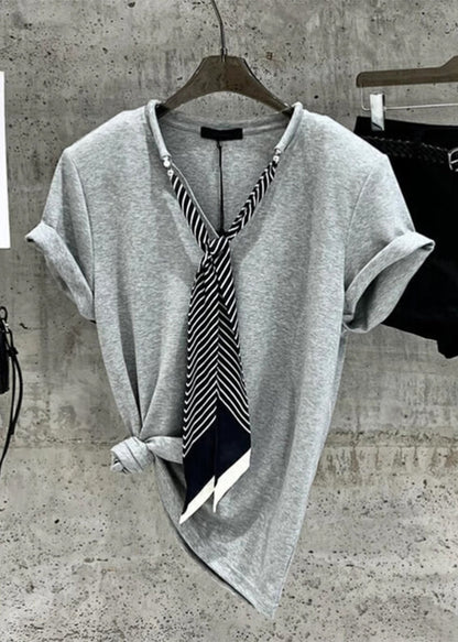 Grey Necktie Cotton T Shirts Summer