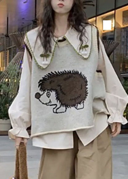 Grey O-neck Animal Print Cotton Knit Waistcoat Fall