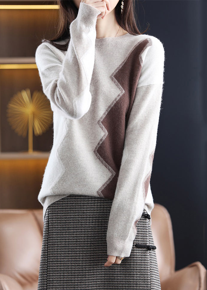 Grey O Neck Asymmetrical Patchwork Wool Sweaters Fall
