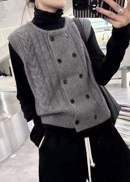 Grey O-neck Button Cozy Wool Cable Knit Waistcoat Fall