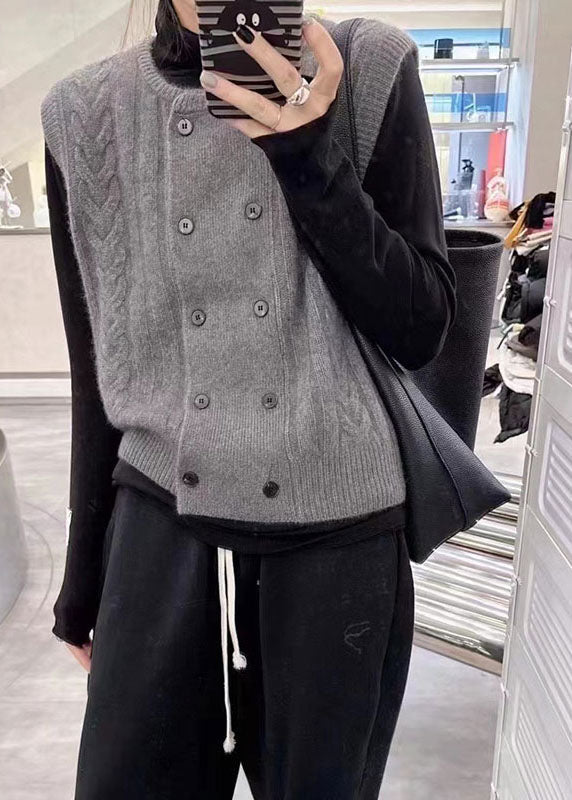 Grey O-neck Button Cozy Wool Cable Knit Waistcoat Fall