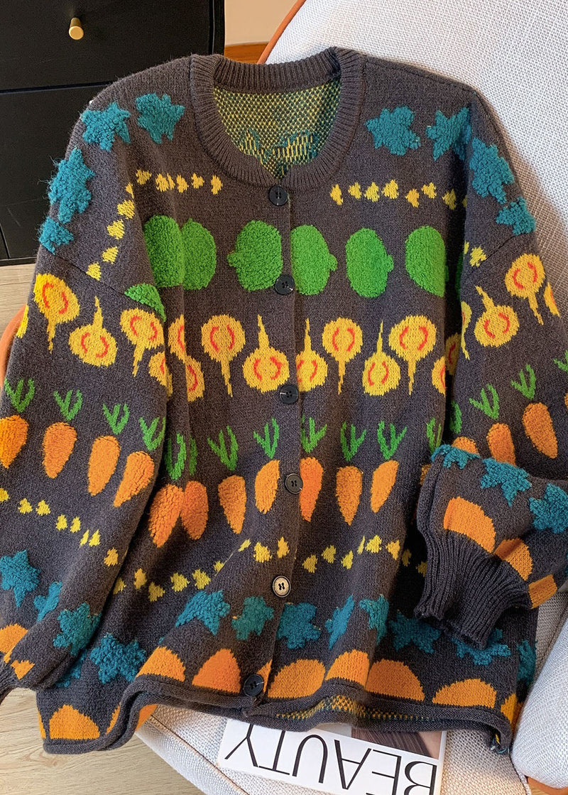 Grey O Neck Embroidered Knit Loose Coat Spring