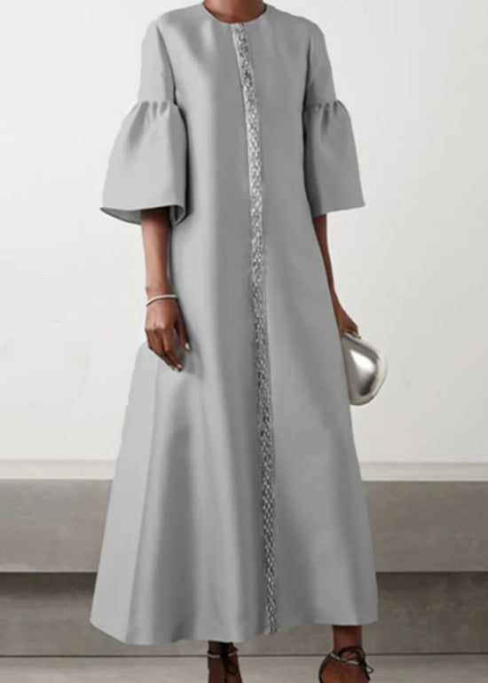 Grey O Neck Patchwork Cotton Long Dress Summer