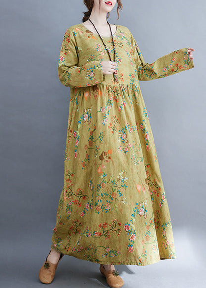 Grey O-neck Patchwork Print Cozy Long Dress Fall