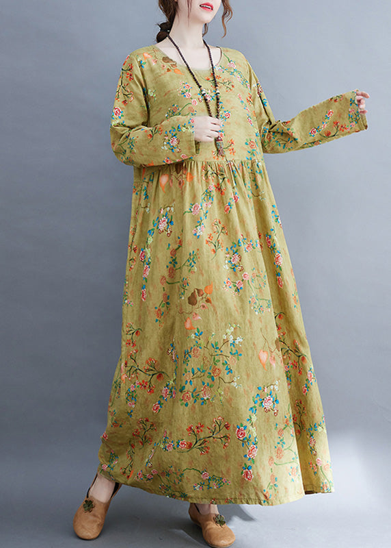 Grey O-neck Patchwork Print Cozy Long Dress Fall