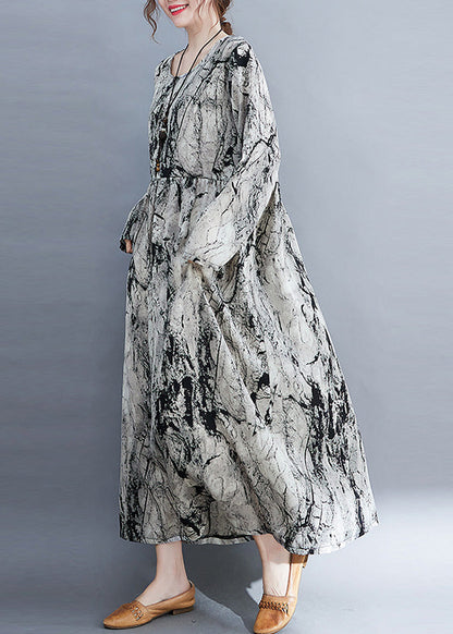 Grey O-neck Patchwork Print Cozy Long Dress Fall