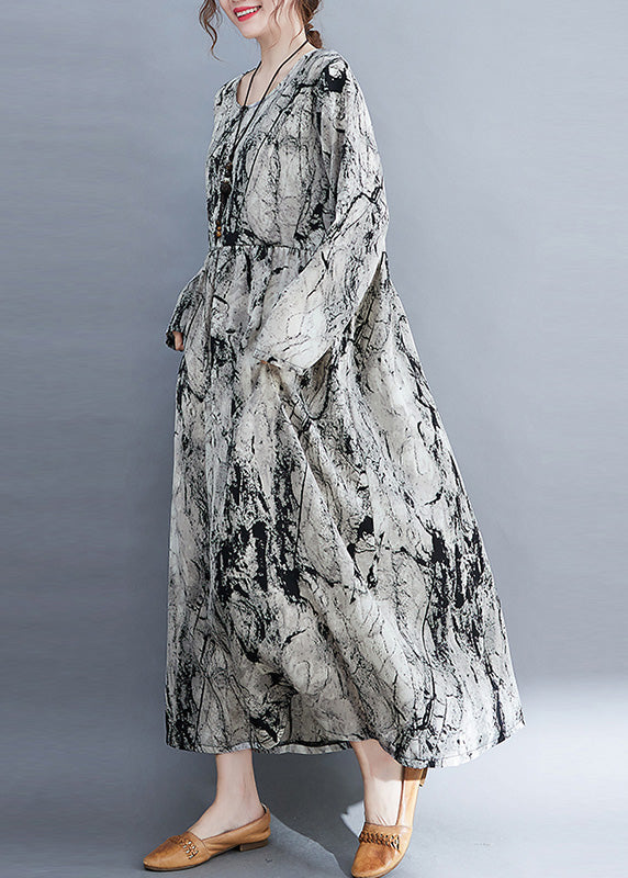Grey O-neck Patchwork Print Cozy Long Dress Fall