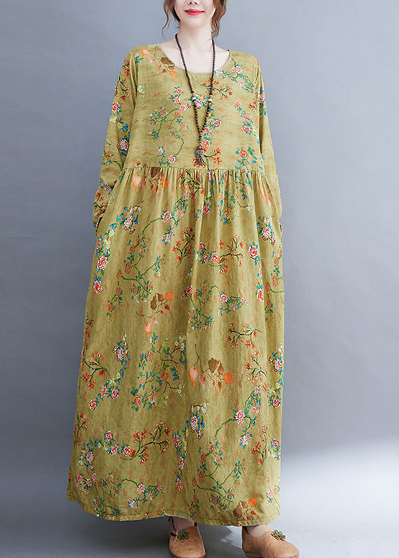 Grey O-neck Patchwork Print Cozy Long Dress Fall