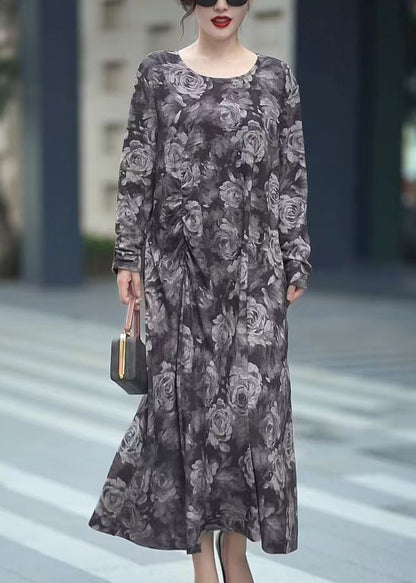 Grey O Neck Print Cotton Long Dress Spring