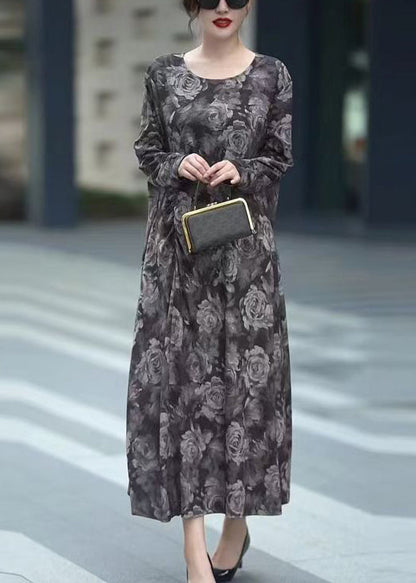 Grey O Neck Print Cotton Long Dress Spring
