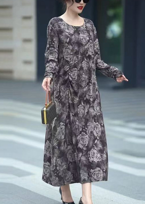 Grey O Neck Print Cotton Long Dress Spring