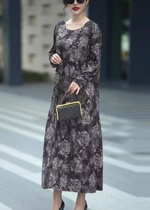 Grey O Neck Print Cotton Long Dress Spring