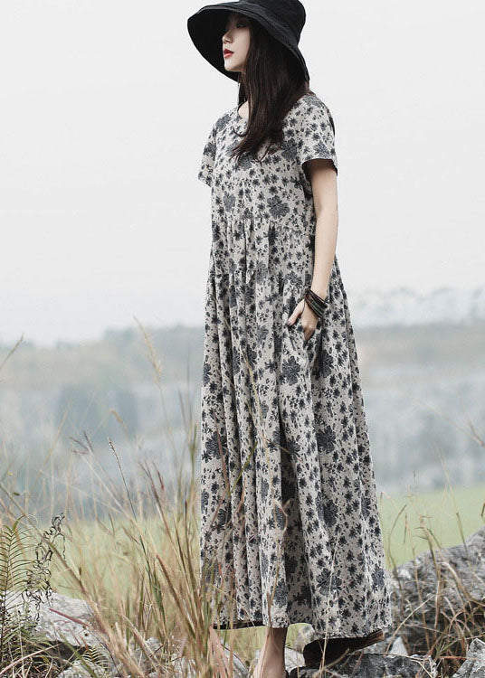 Grey O-neck Print Long Dress Short Sleeve
