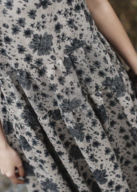 Grey O-neck Print Long Dress Short Sleeve