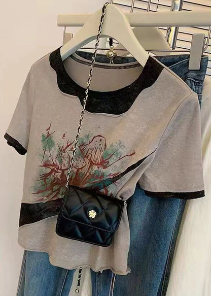 Grey O Neck Print Patchwork Cotton T Shirts Summer