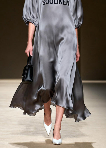 Grey O Neck Print Patchwork Silk Long Dress Summer