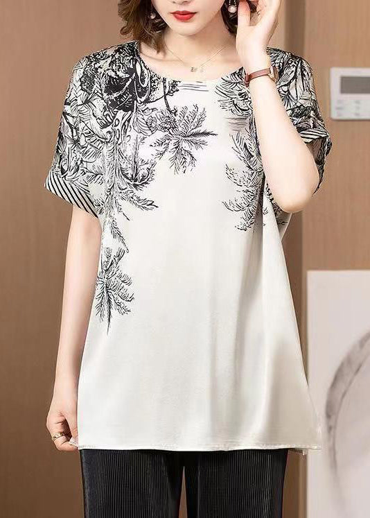 Grey O Neck Print Patchwork Silk T Shirt Short Sleeve