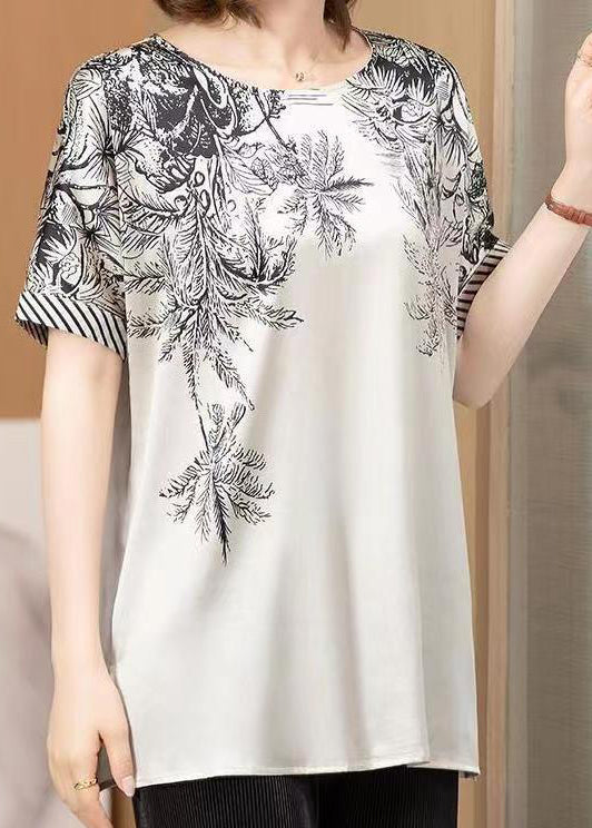 Grey O Neck Print Patchwork Silk T Shirt Short Sleeve